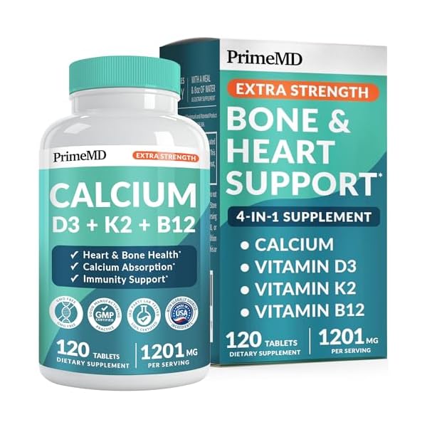 4-in-1 Calcium 1200mg with Vitamin D3 – Calcium Supplement for Women and Men with Vitamin K2 B12 5000 IU – Extra Strength Calcium Citrate for Bone and Heart Support (120ct)