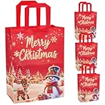 4pcs Large Christmas Tote Bags Gift Bags, Reusable Non-woven Fabric Red Christmas Shopping Bags Print with Elk and Snowman for Gift Wrapping Delivering