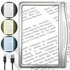 MagniPros 5X [Rechargeable] Large Ultra Bright LED Page Magnifier with Anti-Glare Lens & 3 Stepless Color Light Modes to Relieve Eye Strain-Ideal for Reading Small Prints, Low Vision and Seniors