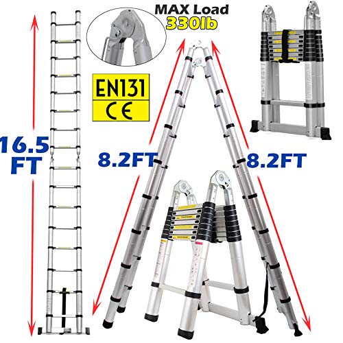 16.5FT Telescopic Folding Ladder Extension Aluminum 2.5M+2.5M A-Frame 5M Straight Ladder Telescoping Portable