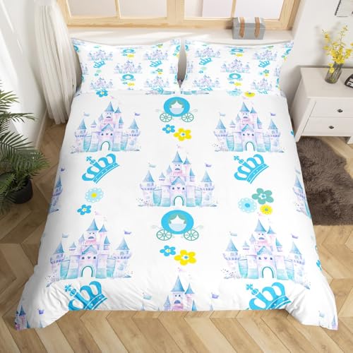 jejeloiu Kids Castle Dreamy Comforter Cover Toddler Size, Princess Duvet Cover Flowers Princess Bedding Set Boys Girls Fairy Tale Theme Bedspread Cover Soft Quilt Cover 2Pcs (No Comforter)