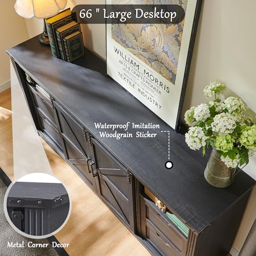 Image of Farmhouse 66 inchTV Stand for 75+ Inch TV, 32 inchH w /4 Drawers & Sliding Barn Door | Entertainment Center, Rustic Media Console w /Storage Shelves, Wood Television Stand for Living Room, Black