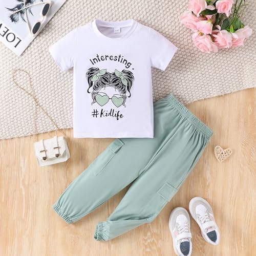 Image of Ayzozuy Kid Girl Clothes Outfits Figure Letter Graphic Tee Top + Flap Pocket Pants 2PC Clothing Set
