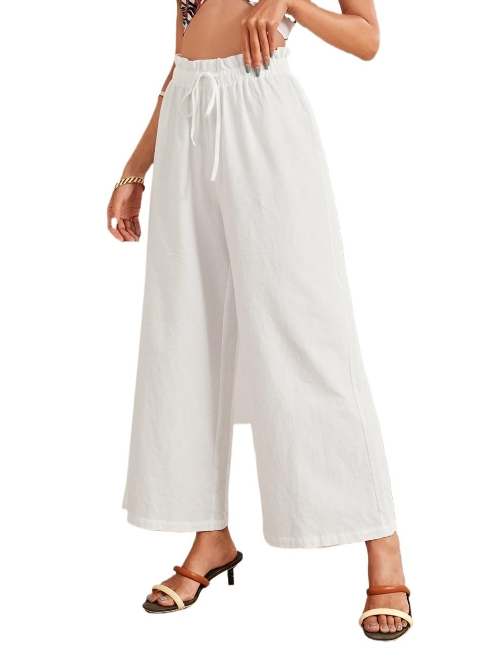 RAISER Womens Business Work Casual Pants Frilled Waist Solid Wide Leg Pants