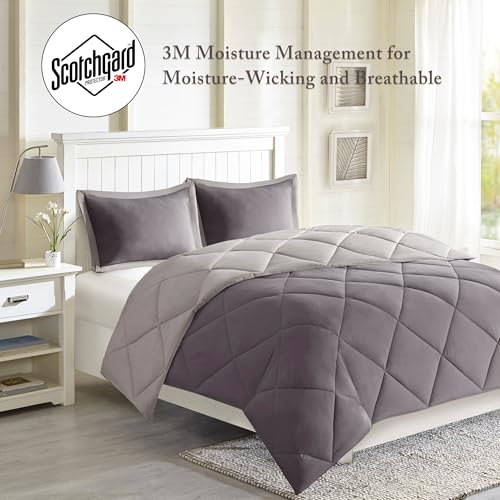 Image of Madison Park Comforter Set, Reversible Down Alternative All Season Microfiber Bedding, 3M Scotchgard Stain Release, Full /Queen Dorm Comforter, Charcoal /Grey
