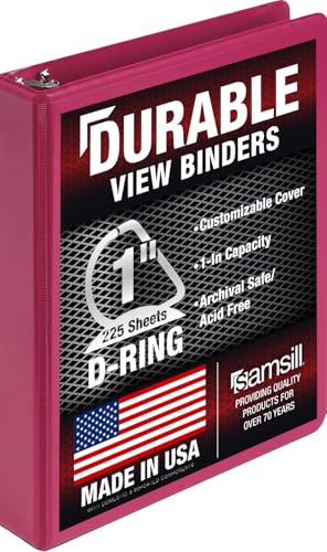 Image of Samsill Durable 1 Inch Binder, D Ring Binder, Customizable Clear View Cover, Magenta, Holds 225 Pages