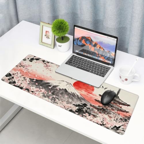 Image of Japanese Cherry Blossoms Mouse Pad 31.5x11.8 XL Black Gray Pink Red Watercolor Design Extended Large Mousepad Keyboard Mouse Mat Desk Pad with Non-Slip Rubber Base Stitched Edges for Home Office Game