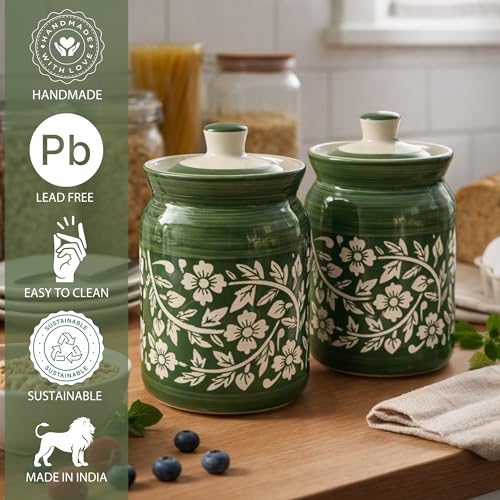 Image of Green Floral Ceramic Handglazed Pickle Jars Set of 2-1000 ML Each | 1 kg Achaar Martban Barni Jar with Lid | Ceramic Storage Jar Container Pickle, Chatney