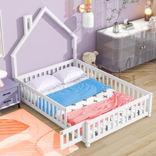 MWrouqfur Wooden Toddler Floor Bed Frame,Full Size Montessori Bed Frame with Fence and Gate Door for Toddlers 1-3 Kids Girls Boys,House-Shaped Headboard (White, Full)
