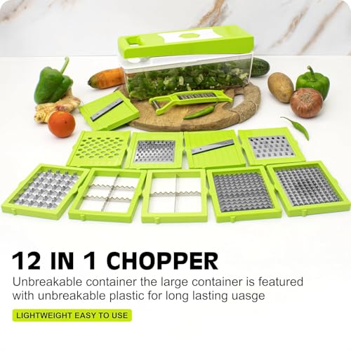 Image of Tekcool 12 in 1 Multipurpose Chopper, Fruits & Vegetable Cutters, Grater Peeler Chipser, Unbreakable Food Grade Body, Easy Push to Clean Button Slicer Dicer, Chopper for Kitchen (Green, Plastic)