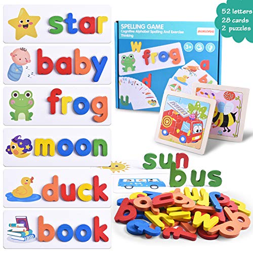AUKUYEE Ver y deletrear juguetes de aprendizaje, juguetes educativos de madera,Spelling Matching Letter Game Desarrolla habilidades de vocabulario y ortografía para mayores de 3 años