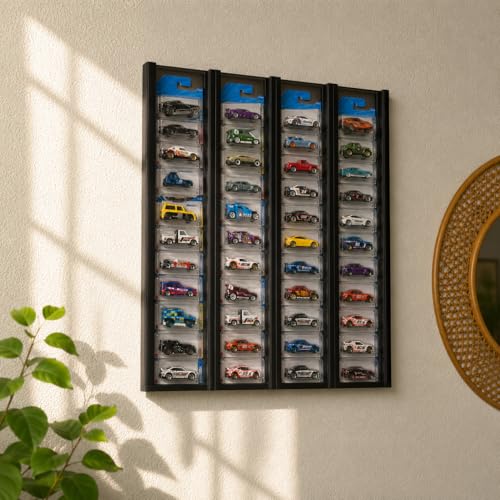 Image of 40 Carded Hot Wheels Display Case Wall Mount Acrylic & Aluminium Carded Diecast Showcase for 1:64 Mainline Cars - 4 Column Wall Organizer Holder (44x44 cm)