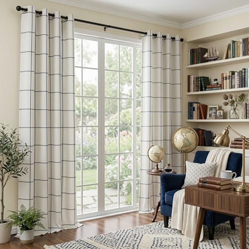 Image of MYSKY HOME 100% Blackout Navy Blue Plaid Linen Farmhouse Curtains 84 Inches Long 2 Panels Set Double Layer Thermal Insulated Checkered Patterned Drapes for Living Room Bedroom, W52 Each Panel