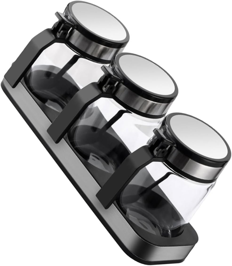 Glass Seasoning Jar Set with Black Lids, High-temperature Resistant Stainless Steel and Glass Condiment Containers for Kitchen Storage and Salt Spice Organization