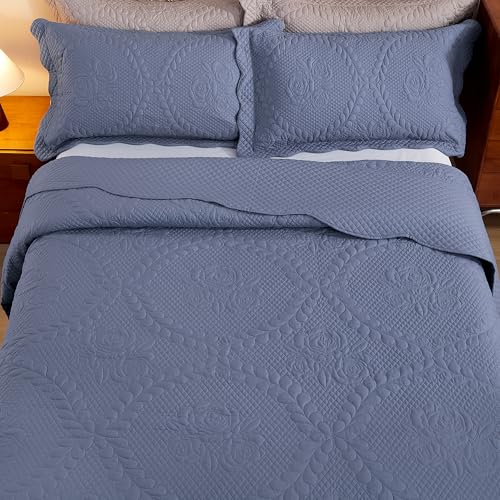 Image of EVENHUG Oversized King Bedspreads California King Quilt Set with Pillow Shams Extra Wide Large King Size Quilts Lightweight Coverlet Bedding Sets Blue 120 inchx128 inch