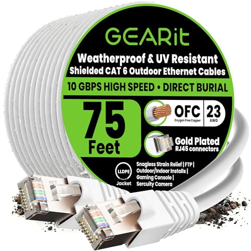 Image of GEARit Cat6 Outdoor Ethernet Cable (75ft) 23AWG Pure Copper, FTP, LLDPE, Waterproof, Direct Burial, In-Ground, UV Resistant, POE, Network, LAN, Internet, Cat 6, Cat6 Cable - 75 Feet