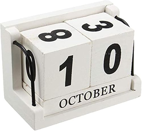 Bloques de calendario de escritorio perpetuo de madera, accesorios de mesa vintage para decoración de oficina en casa, color blanco