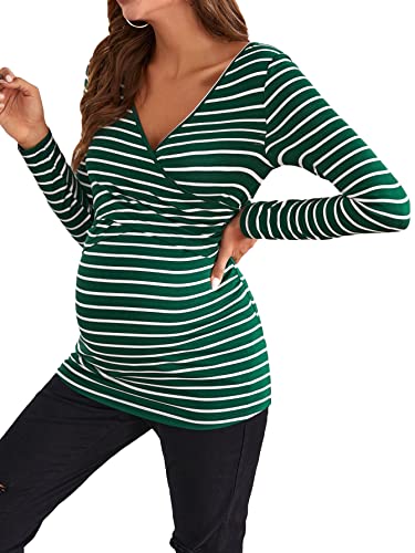 Image of MakeMeChic Women's Maternity Nursing Tops Striped Long Sleeve V Neck Breastfeeding Tee Shirts Green M