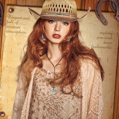 Ecally 7 Pcs Boho Jewelry Set Straw Cowboy Hat with Vintage Turquoise Necklace Rodeo Bracelet Ring Pendant Earrings for Women2