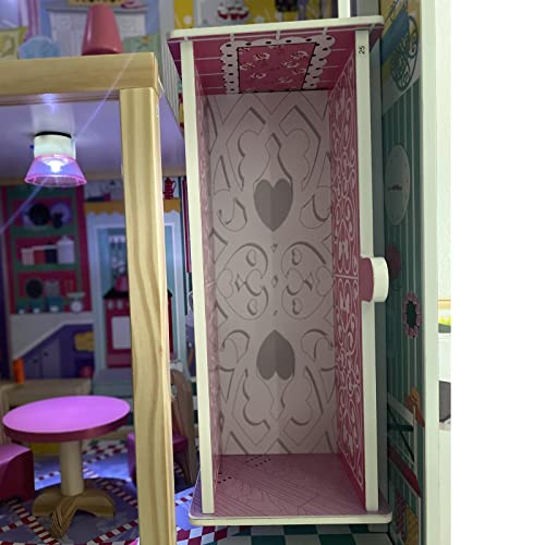 XXL Puppenhaus aus Holz mit Beleuchtung 18 Möbel 3 Ebenen 4 Zimmer Traumhaus mit Balkon und Aufzug 118 cm Höhe – Bild 5