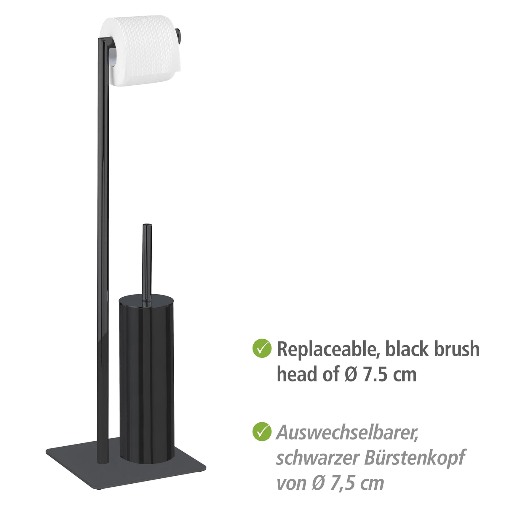 WENKO Stand Recco - Escobillero para Inodoro (2 en 1, Acero Lacado, Base Pesada, 20 x 71,5 x 20 cm), Color Negro