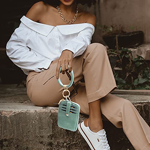 Snug Star Round Bangle Keychain Id Card Holder Card Pocket Wristlet Keychain Bangle Key Ring For Women Girls (Id Card & Airtags Holder Purse Crazy-Horse Pattern04 Green) #TOP2