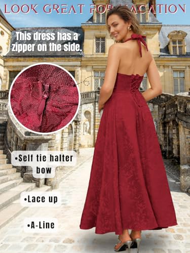 V Neck Jacquard Dress, A Line Halter Backless Drop Waist, Wedding Guest, Size Fits Only 0-83