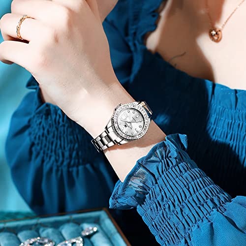 Olevs OUW-S-L9945GS-BB Bling Watches For Women Stainless Steel Quartz Small Face Watches Ladies Water Resistant Luminous Dainty Women Wrist Watches Calendar Diamond Dial Premium White Women'S Dress Watch Easy To Read Reloj thumb #2
