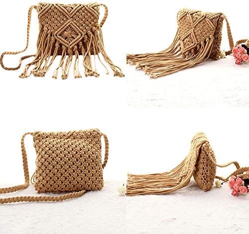 Van Caro Handwoven Cotton Straw Shoulder Bag Crochet Tassel Beach Bohemian Purse for Women - Image 3