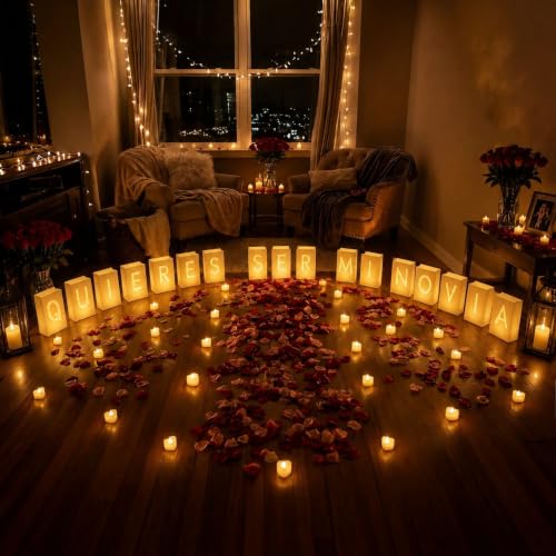 Image of Romantic Room Decor - Quieres Ser Mi Novia Light Up Letters Luminaries Bags | Anniversary and Valentines Day Decorations | Proposal Decorations | 2000Pc Rose Petals and 30Pc Tea Candles Set | Easy Setup
