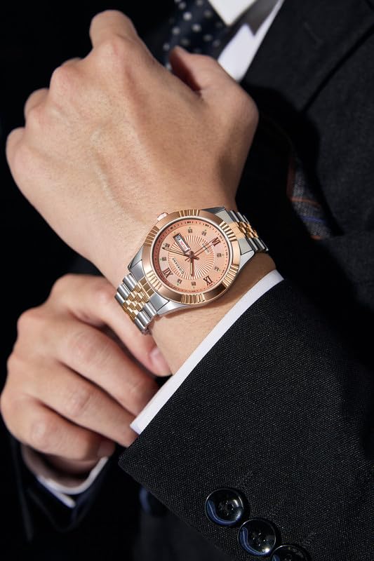 Image of Giordano Classic Analog Quartz Watch for Men with Textured Dial, Fluted Bezel, Day & Date Display & Two-Tone Stainless Steel Strap