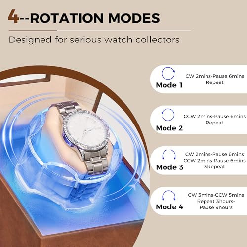 Image of ANWBROAD Watch Winder for Automatic Watches, Quiet Motor Flexible Watch Pillows, 4 Modes Automatic Watch Winder box, Rotating Watch Case with Battery or Type-C Adapter Brown UJWW006Z
