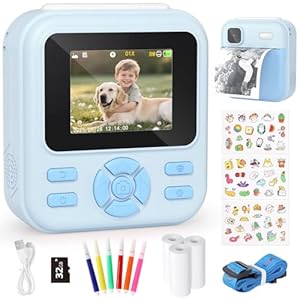 YOHOOLYO Appareil Photo Instantané Enfant 2,4" Mode Video et Selfie 1080P avec Carte 32 Go, Papier d'impression, Jouets Numériques, 6 Stylos Colorés Cadeau pour Garçons Filles de 3-12 Ans Bleu