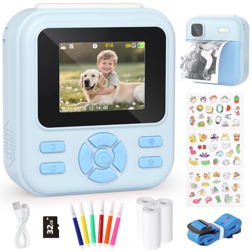 YOHOOLYO Camara Fotos Infantil Instantanea HD 1080P Cámara Instantánea con Tarjeta de 32G y 3 Rollos de Papel de Impresión Camara Fotos Infantil Regalos para Niños de 3 a 12 Años-Azul