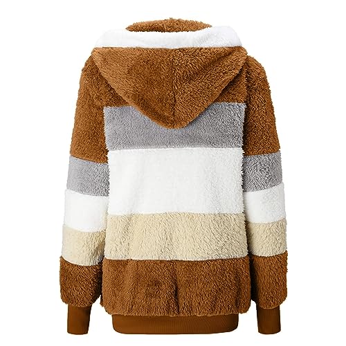 Fuzzy Fleece Jackets for Women Plus Size Hoodies Fall Winter Coats Color Block Patchwork Cardigan Coat with Pockets