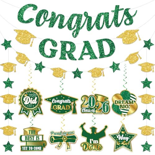 Green and Gold Graduation Decorations 2026 Graduation Decorations 2026 Green and Gold includes Congrats Grad Banner Garland and Graduate Decor Hanging Swirls Hunter Yellow Graduatie Decorations