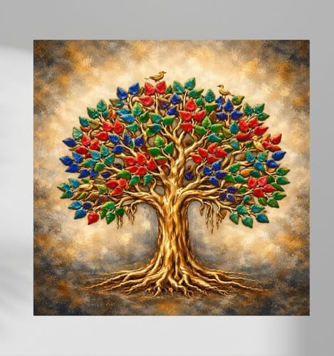 Image of Kunj Cart Kalpavriksha Tree Painting | 8+ DESIGNS | Kalpvriksh Tree Wall Painting | Lucky Tree Wall Art For Living Room, Bedroom and Office Decor | Canvas Painting for Wall Decoration (Design - B, 12x12 Inch, Framed)