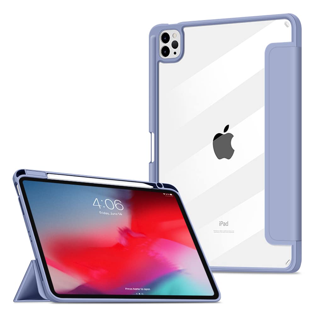 VAGHVEOCase for iPad Pro 11 Inch M4 2024 with Pencil Holder, Cover for iPad Pro 11 5th Generation Shockproof Hard Clear Transparent Shell + Soft Edges Supports Charging, Auto Wake/Sleep, Grey Purple