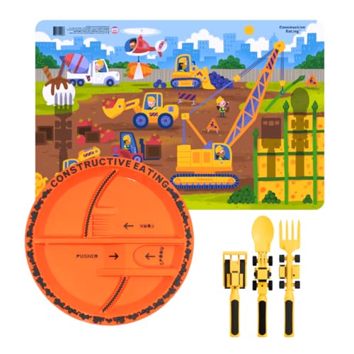 Constructive Eating Made in USA Toddler Eating Set: Kids Placemats for Dining Table with Plate & Utensils Gifts for 2 Year Old Toddler Forks and Spoons for Picky Eater (Construction)