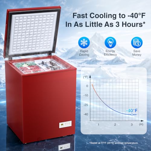 Image of Kismile 3.5 Cu.Ft Compact Chest Freezer, Ultra-Low Temperature Deep Freezer (-40F to 14F), Energy-Efficient, Digital Adjustable Thermostat, Top-Opening Door with 2 Removable Baskets, Red