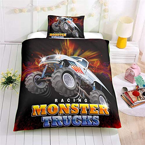 Suncloris,3D Monster Truck Home Bedding,Flying Monster Truck Against Dark Crazy Monster Truck Duvet Cover Sets.Included: Duvet Cover,Pillowcase(no Comforter Inside) (Twin)