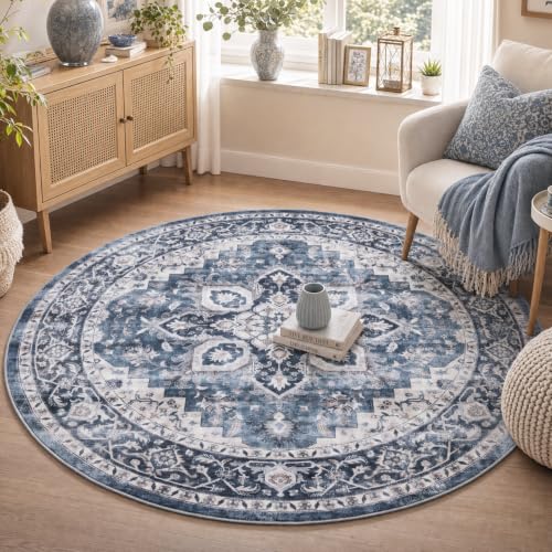 AMADA HOMEFURNISHING runder Teppich 120 cm, waschbarer Teppich Wohnzimmer rund mit Rutschfester Rückseite & langlebiger Kantenbindung… – Ansicht 1