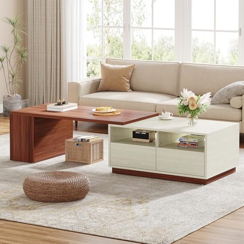 Tribesigns Extendable Coffee Table with 2 Storage Drawers, Reversible Living Room Table with Shelves and Adjustable Top, Large Center Table for Living Room, White/Walnut (43' to 75' Adjustable Length)