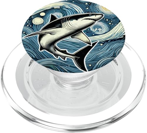 Great White Shark Ocean Animal Van Gogh Starry Night Style PopSockets PopGrip for MagSafe