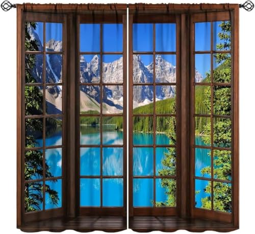 Cortinas Habitacion Opacas 2 Piezas con Ojales 3D Paisaje De Árboles del Bosque Alpino Cortinas Termicas Aislantes Frio Y Calor para Salón Dormitorio Decoración De La Ventana - Corti-2713575992168800