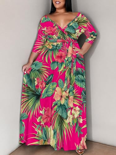 Image of SUZONANA Plus Size Maxi Dresses for Curcy Women Casual Loose 3 /4 Sleeve Long Dress with Belt