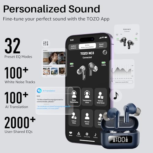 Image of TOZO Hybrid Active Noise Cancelling Wireless Earbuds with 6 Mics AI Clear Call Ear Buds 68H Playtime with LED Display 32 Preset EQs via APP Bluetooth 5.3 IPX8 Waterproof in Ear Headphones