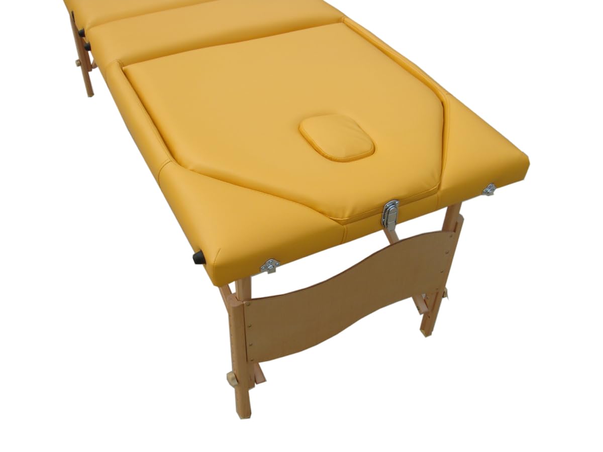 Mucola Massageliege 3 Zonen Massagetisch Holz| klappbar und höhenverstellbar | Portable Massagebank inkl. Zubehör Kopfstütze, Armlehnen und Tragetasche - Gelb