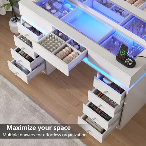 47\" White Vanity Desk with Mirror and Lights, Large Makeup Table with Glass Top and Charging Station, Vanities with Lighted Mirror & Divided Drawer Storage, 11 Drawers Dressing Table, 3 Color Modes - Thumbnail 6