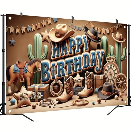 Image of Western Cowboy Happy Birthday Banner Backdrop Rustic Wild West House Barn Photo Banner Party Decorations Boots Hat Cactus Horse Rope Photo Background Props 71 x 43 inch